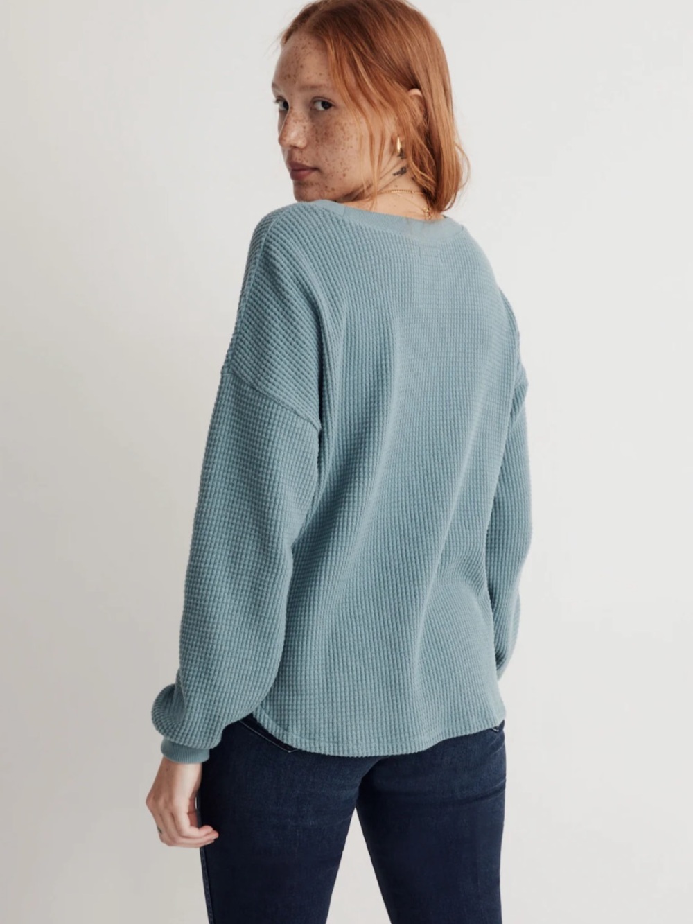 Madewell M Waffle Knit V Neck Long Sleeve Top Sweater Steely Blue NI071 - Picture 6 of 9